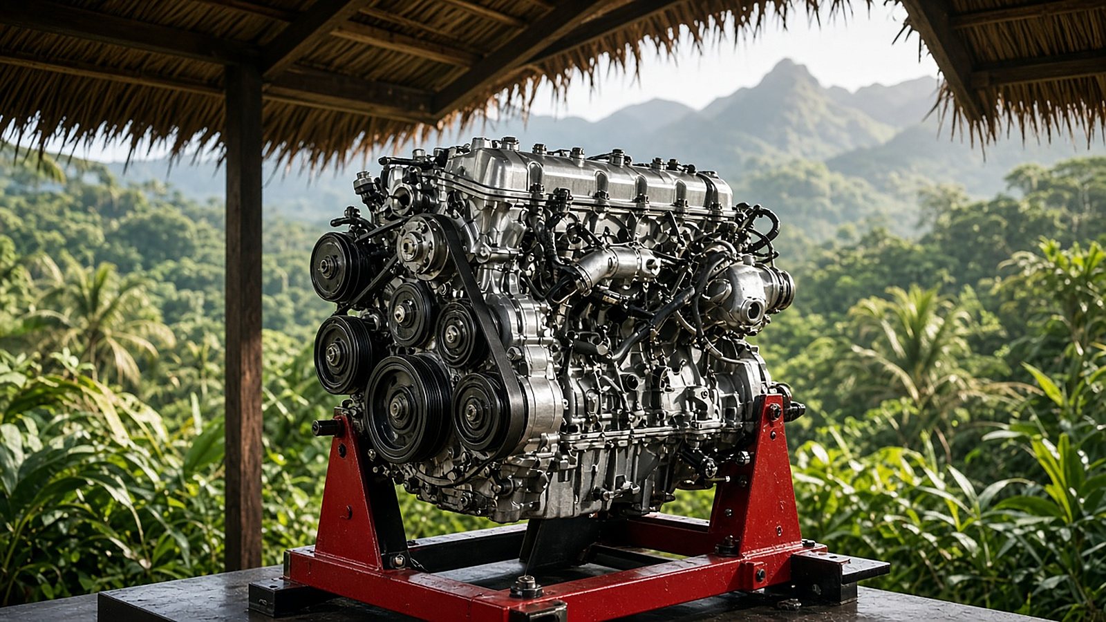 Used BMW engine on a stand being checked